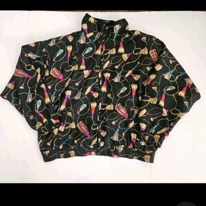 Vintage Rhoda Lynne Jacket Womens L Tassel Print Silk Full Zip Windbreaker Black